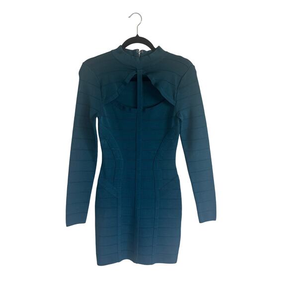 Bebe Women's Bandage Bodycon Dress Medium Long Sleeve Cutout Mini Teal Blue - Picture 2 of 16
